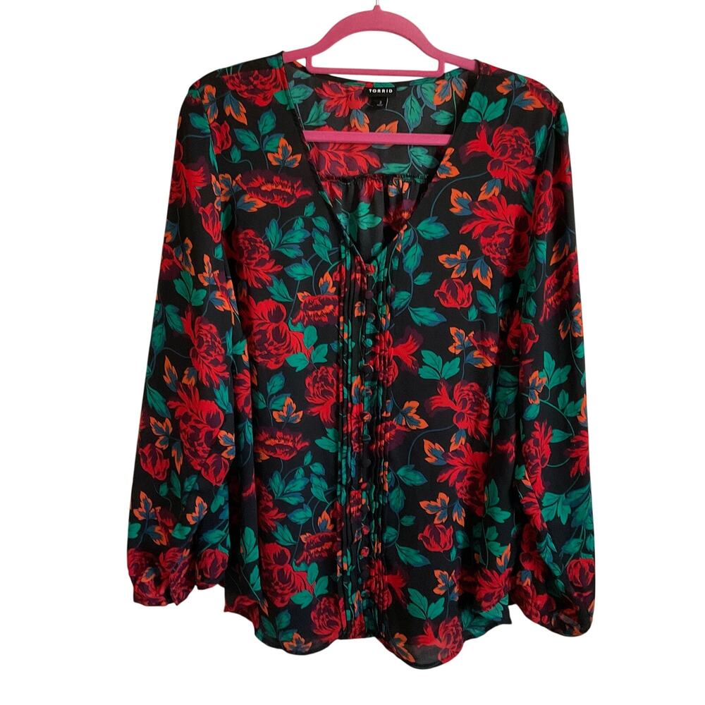 Torrid Black Floral Georgette Pintuck Button Front Blouse‎ Romantic Size 2X